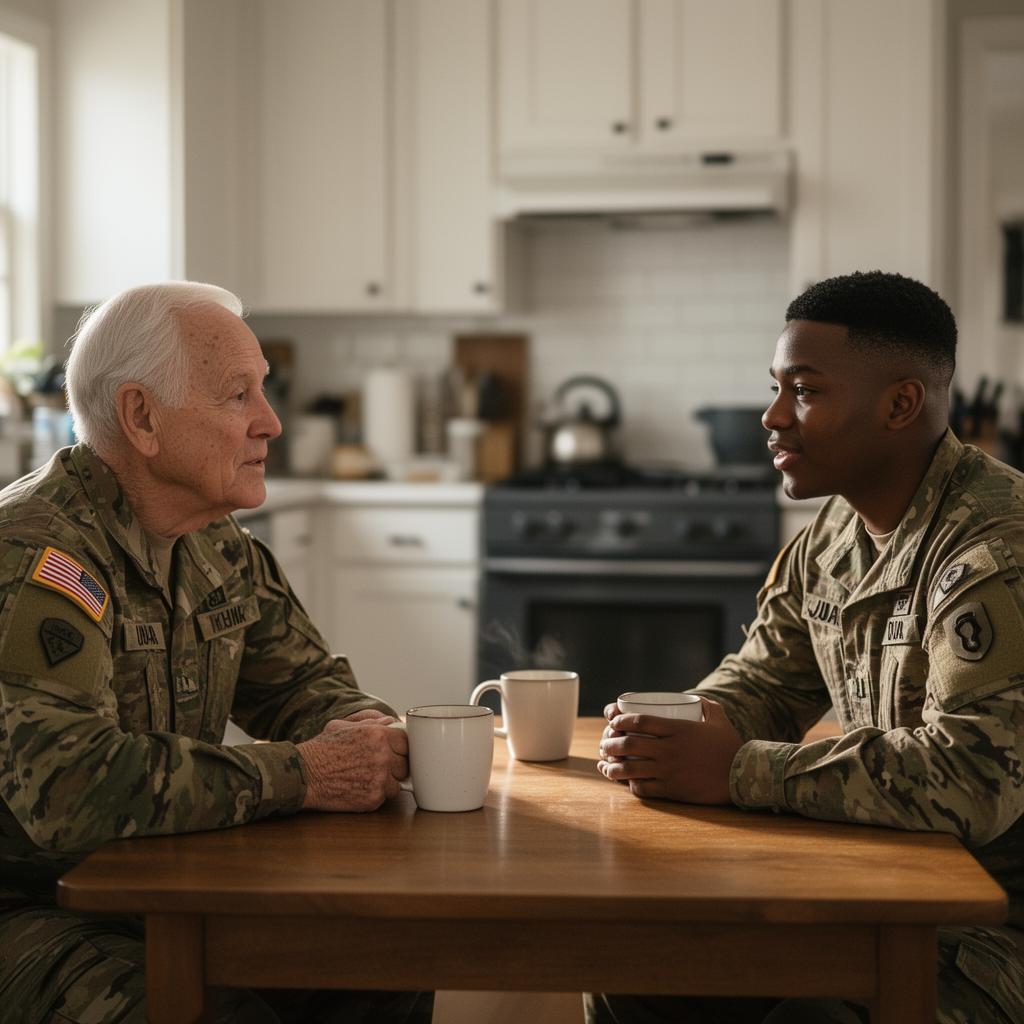 Two veterans sharing coffee at a kitchen table